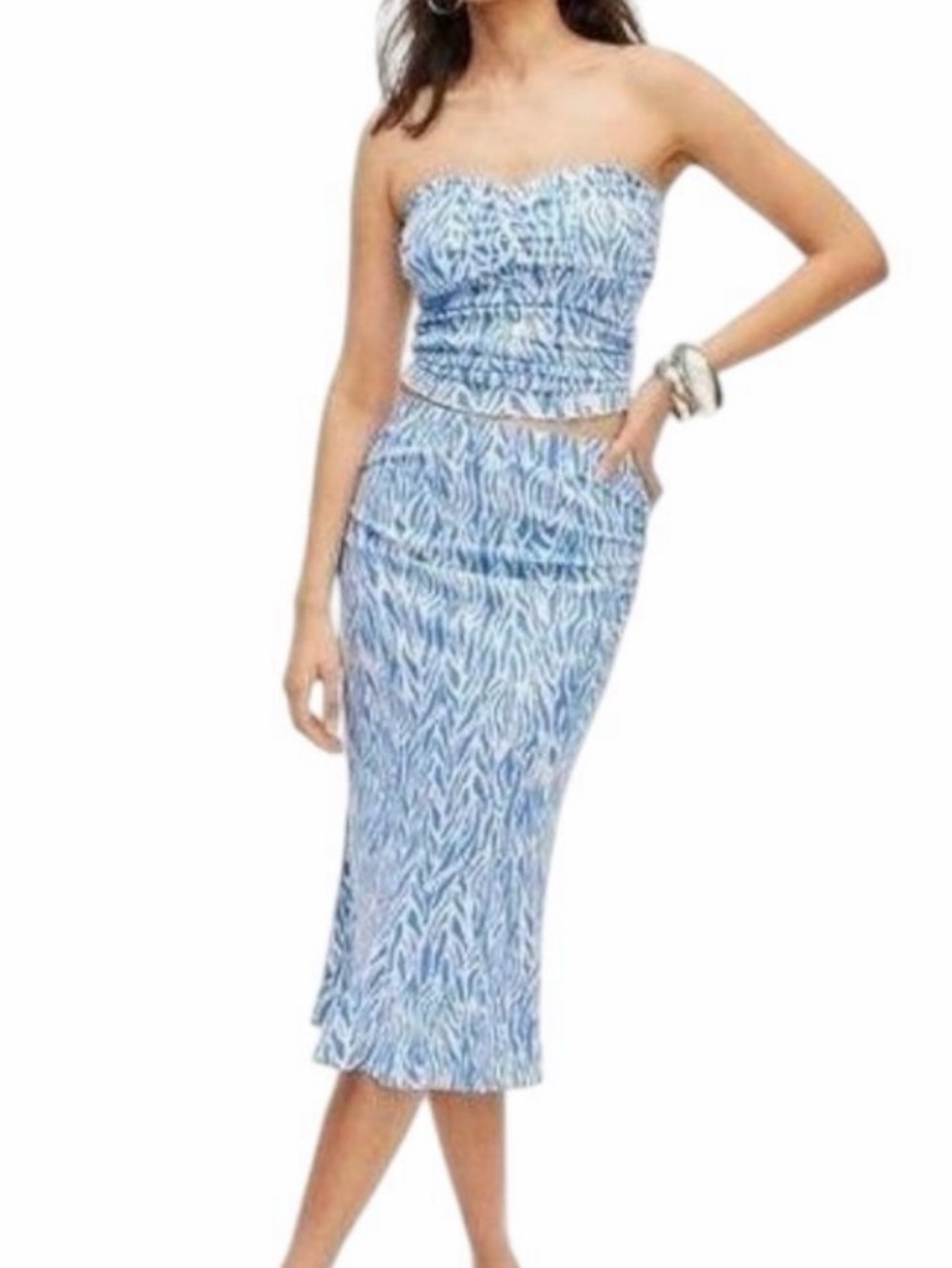 Diane von Furstenberg Strapless Blue Patterned Midi Skirt